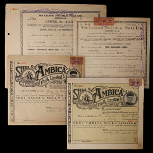British India, Collection of Four Textile Industry Stock Certificates - 1944 to 1947 - Ahmedabad, Bombay Province