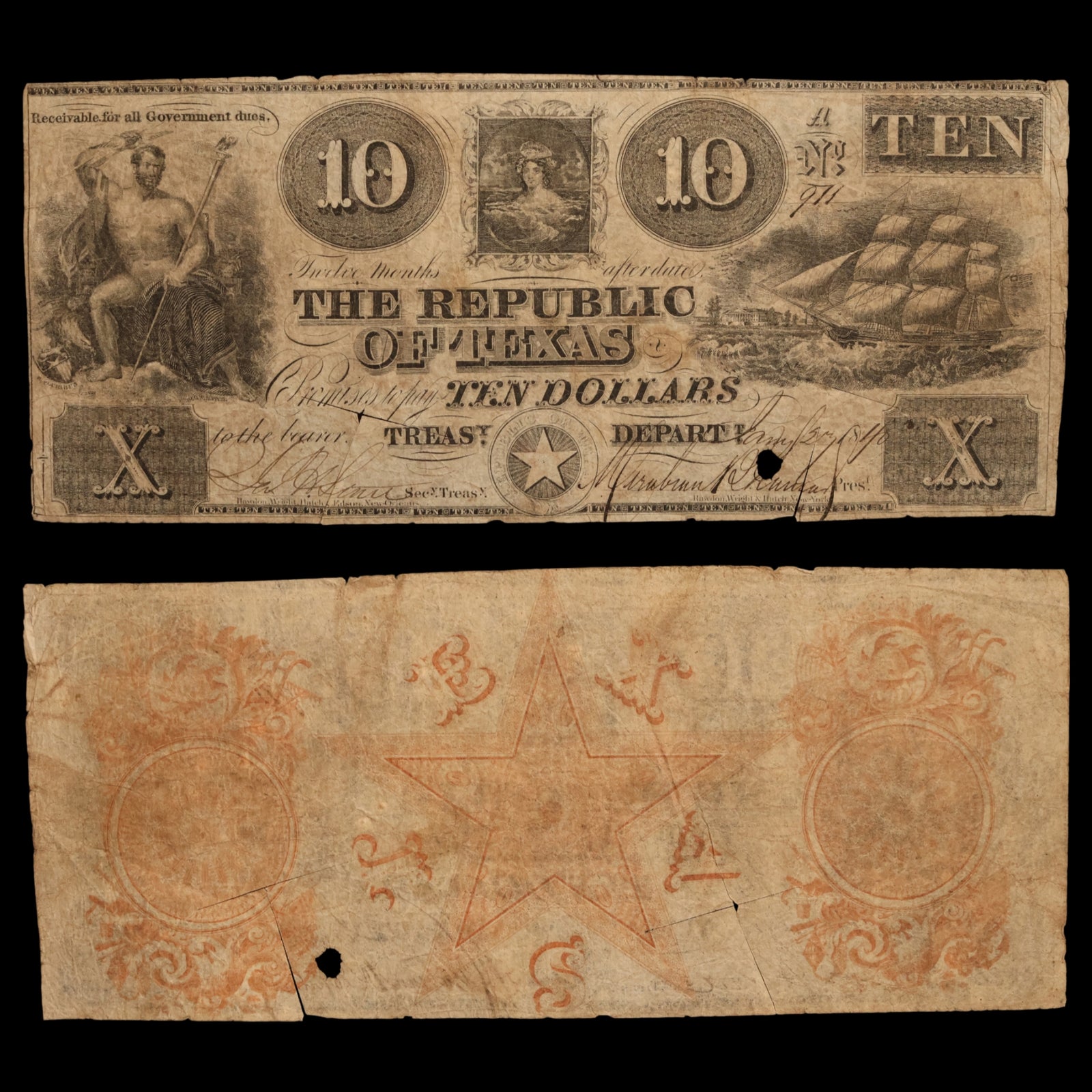 Republic of Texas, Ten Dollar "Redback" Note - 1840 - Republic of Texas