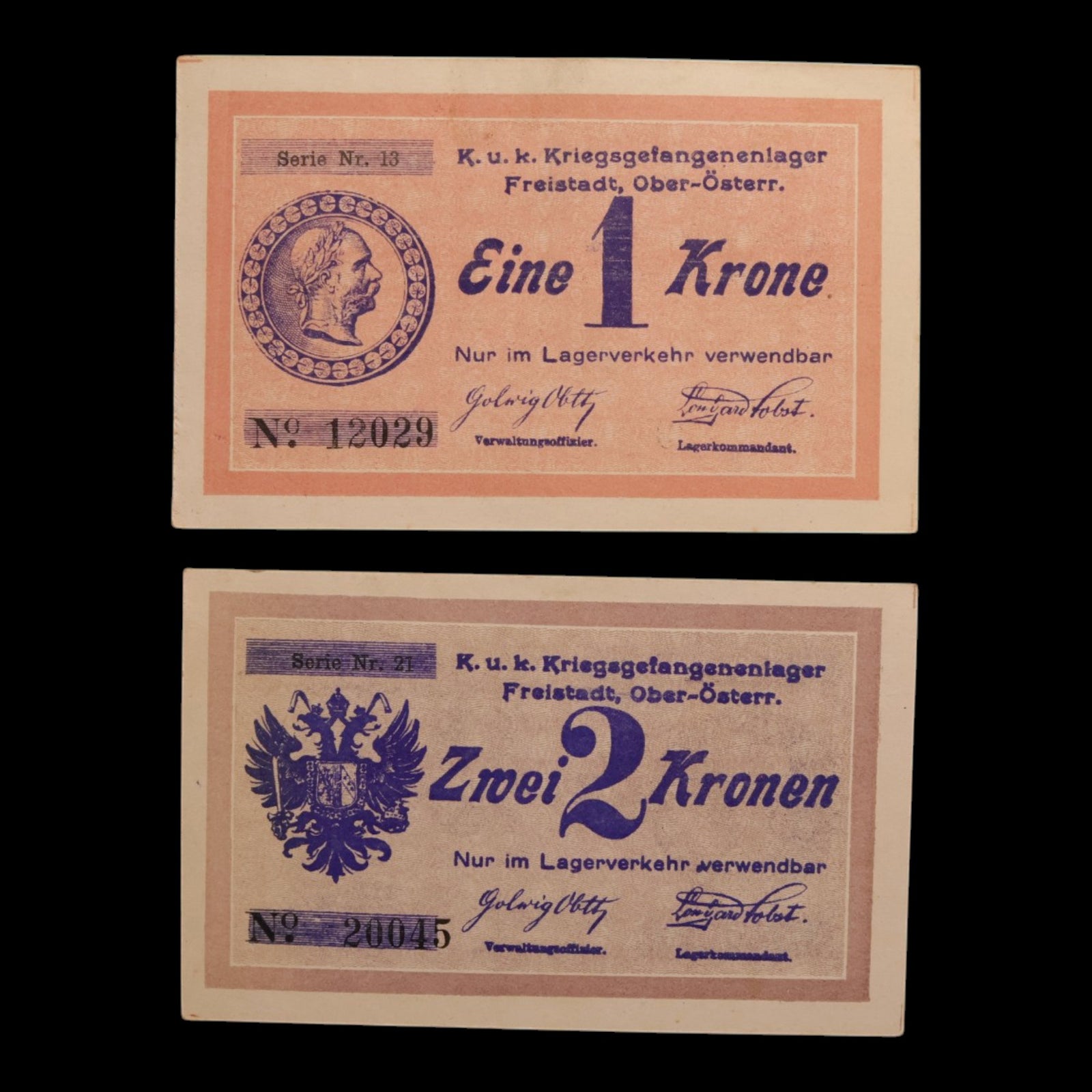 Austro-Hungarian Empire, Freistadt POW Camp, 1 and 2 Krone (2 Notes)