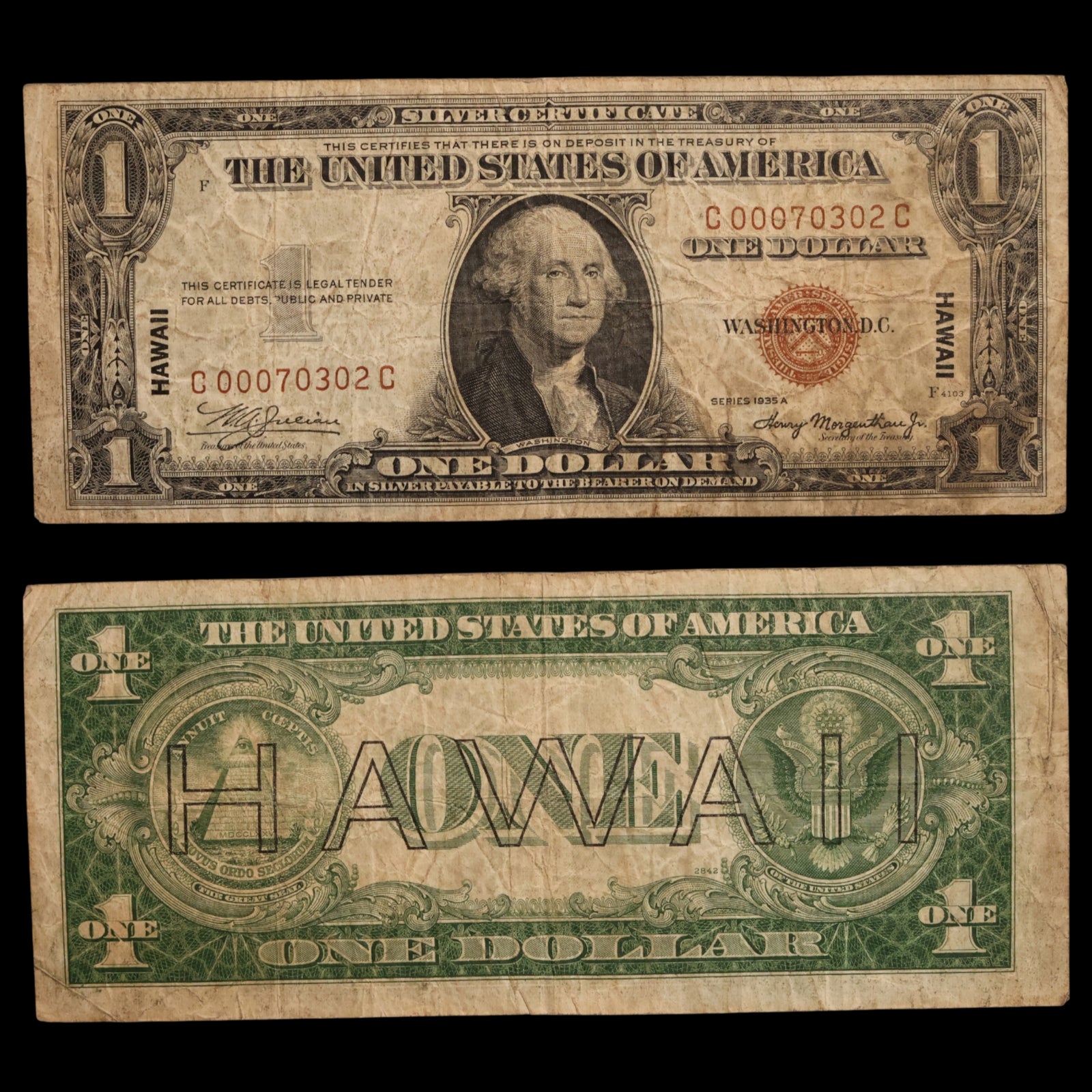 $1 U.S. Silver Certificate, Hawaii Overprint Note - 1942 to 1944 - World War II