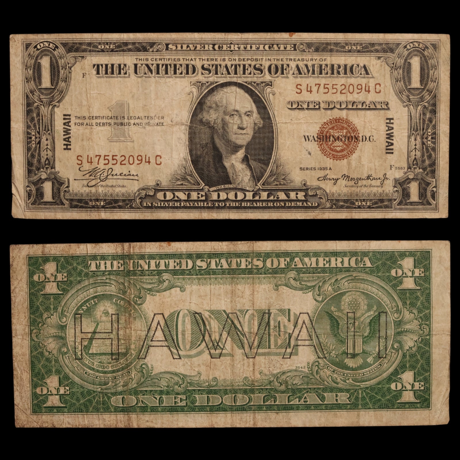 $1 U.S. Silver Certificate, Hawaii Overprint Note - 1942 to 1944 - World War II