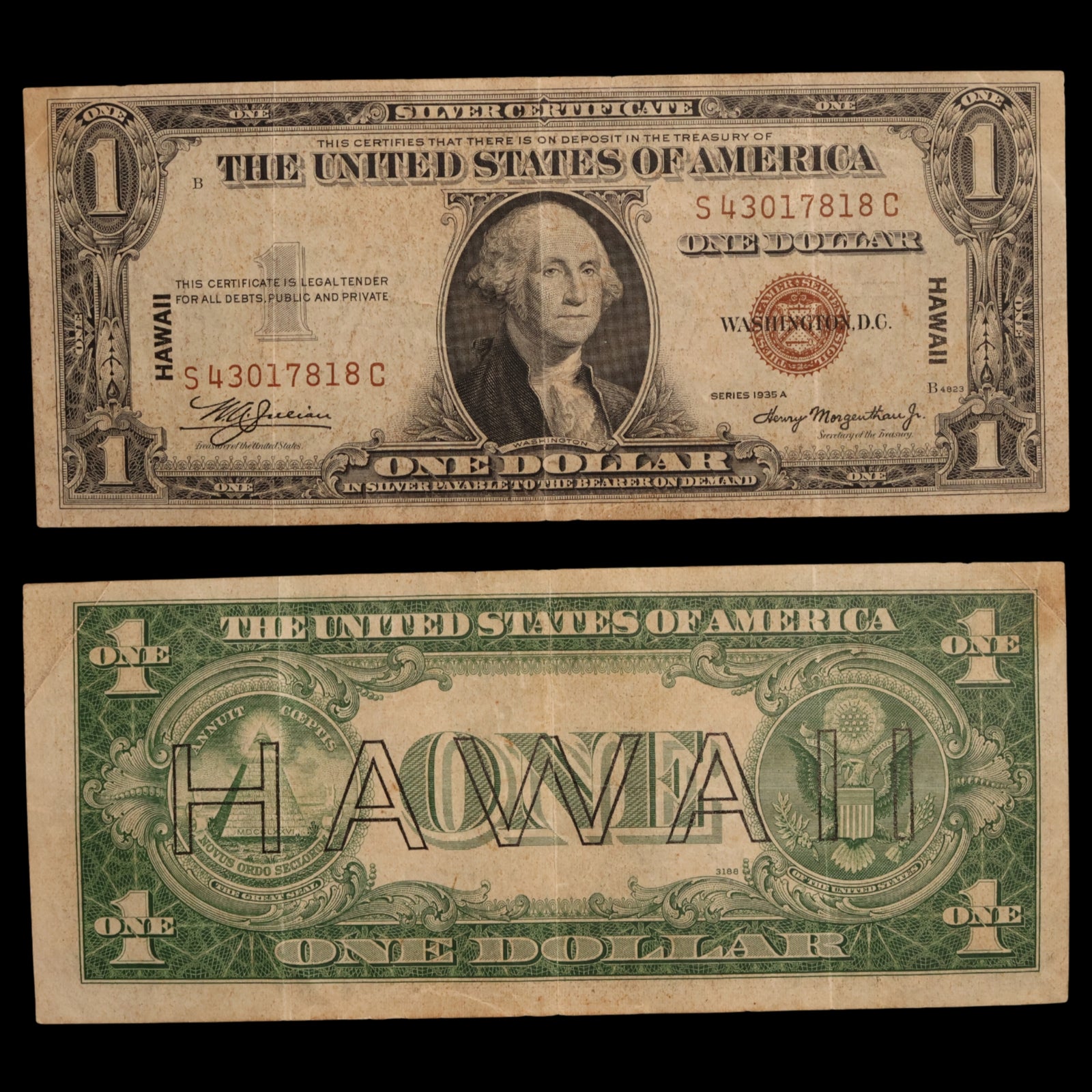 $1 U.S. Silver Certificate, Hawaii Overprint Note - 1942 to 1944 - World War II