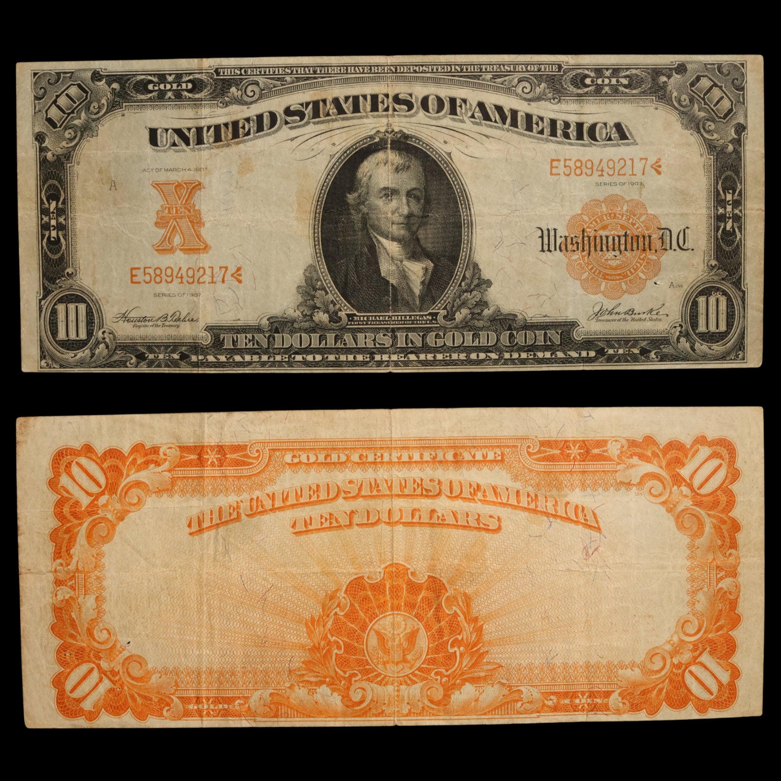 United States, Ten Dollar Gold Certificate, Michael Hillegas (First U.S. Treasurer) - 1907 - United States of America