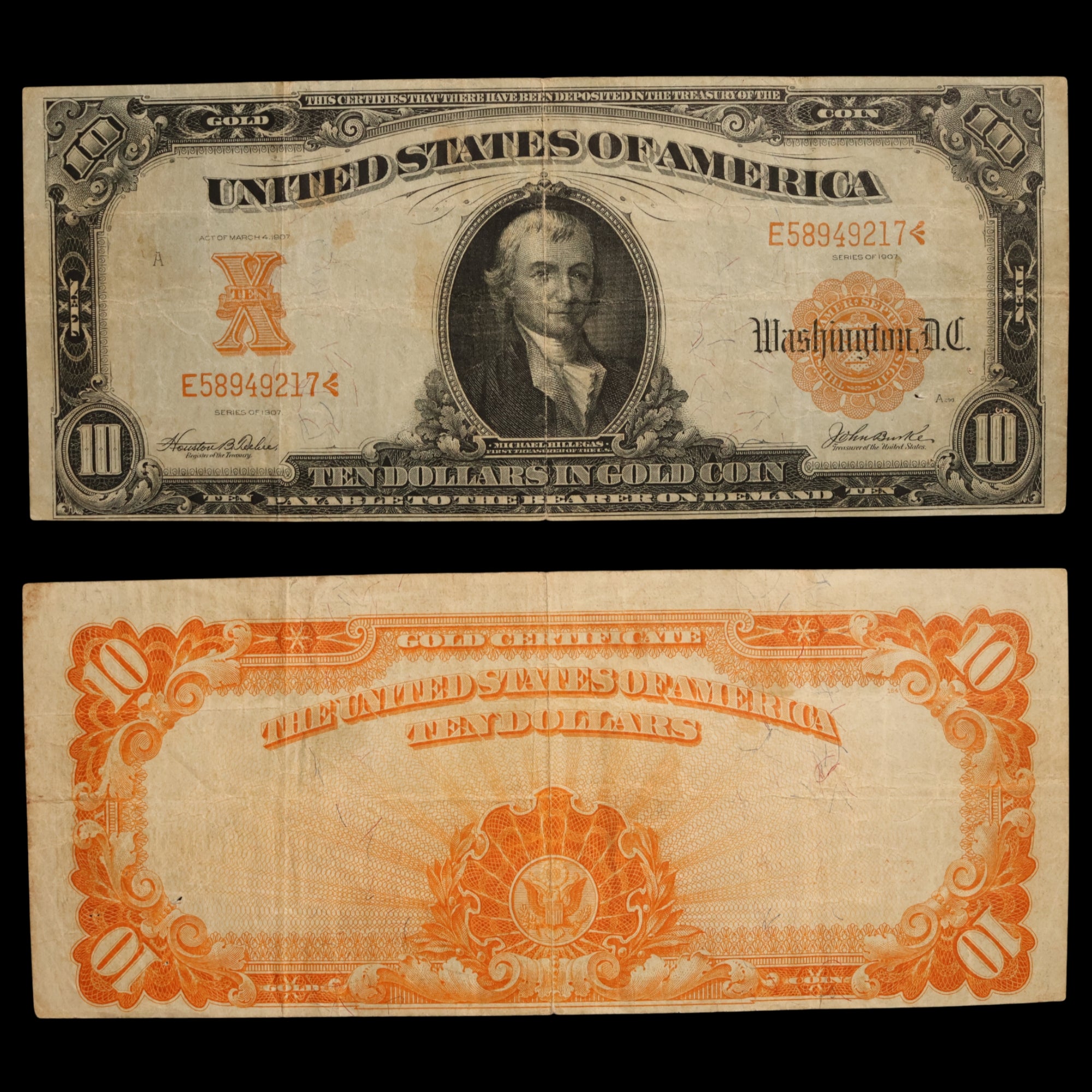 United States, Ten Dollar Gold Certificate, Michael Hillegas (First U.S. Treasurer) - 1907 - United States of America