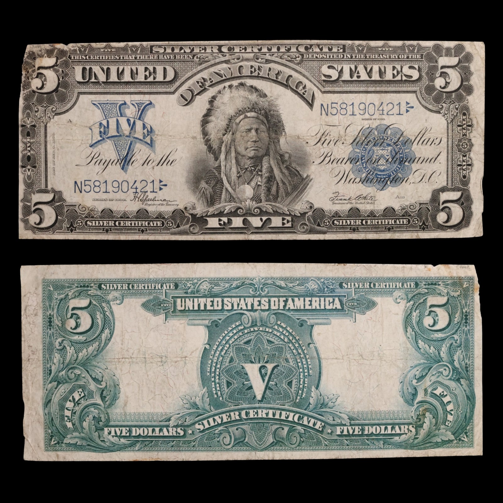 United States, $5 Silver Certificate, "Indian Chief Note" (Rare Type) - 1899 - United States of America