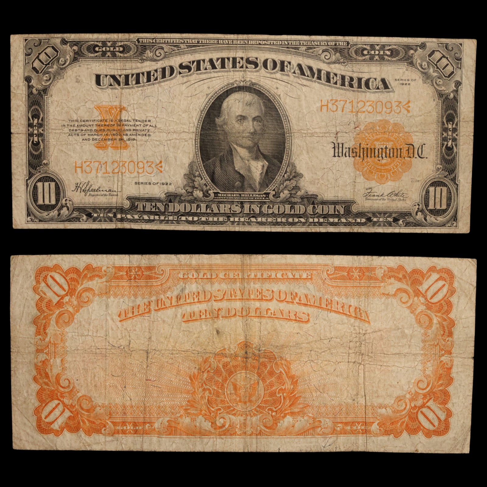 United States, Ten Dollar Gold Certificate, Michael Hillegas (First U.S. Treasurer) - 1922 - United States of America