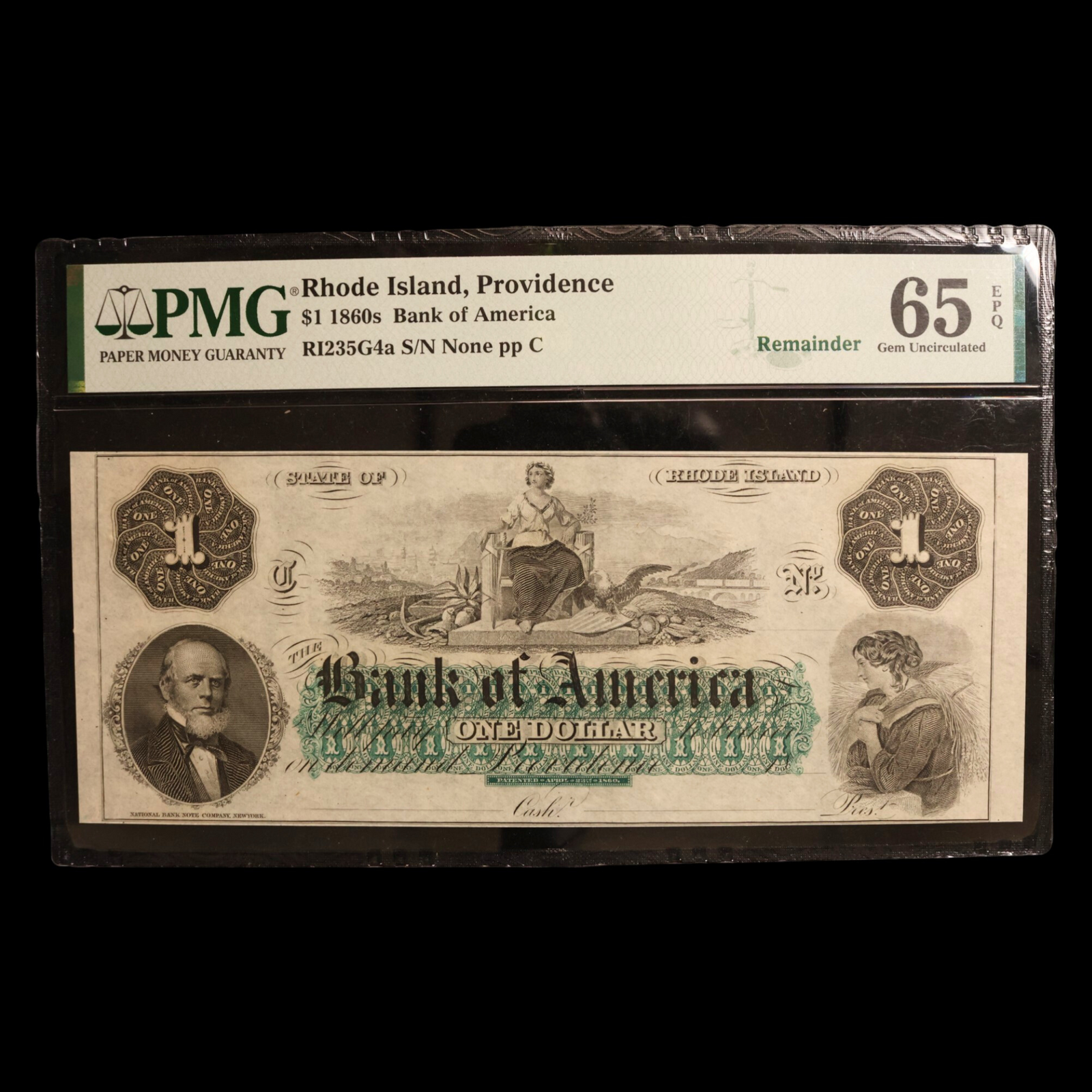 Rhode Island, Bank of America, One Dollar Note - 1860s - American Civil War Era