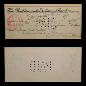 American Old West, Bullion & Exchange Bank Check, Carson City, Nevada - c. 1899 to 1903 CE - United States