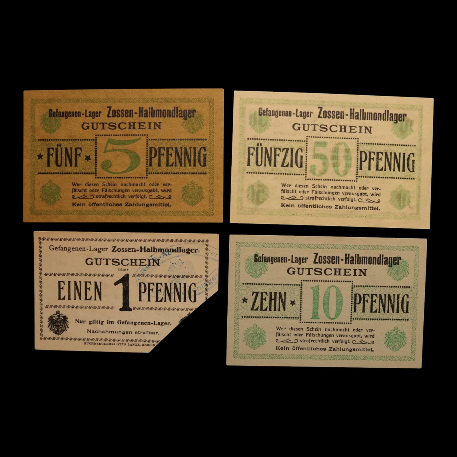 German Empire, Zossen-Halbmondlager (Muslim POW Camp), 1, 5, 10, 50 Pfennigs (4 Notes)