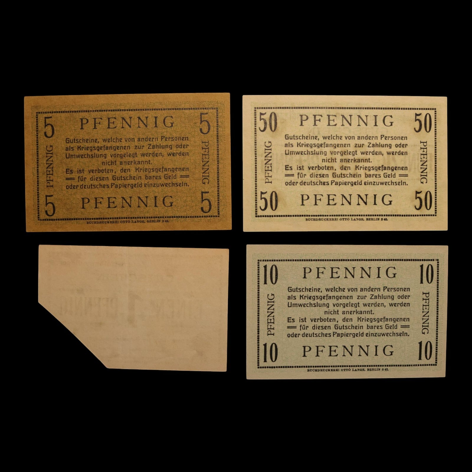 German Empire, Zossen-Halbmondlager (Muslim POW Camp), 1, 5, 10, 50 Pfennigs (4 Notes)