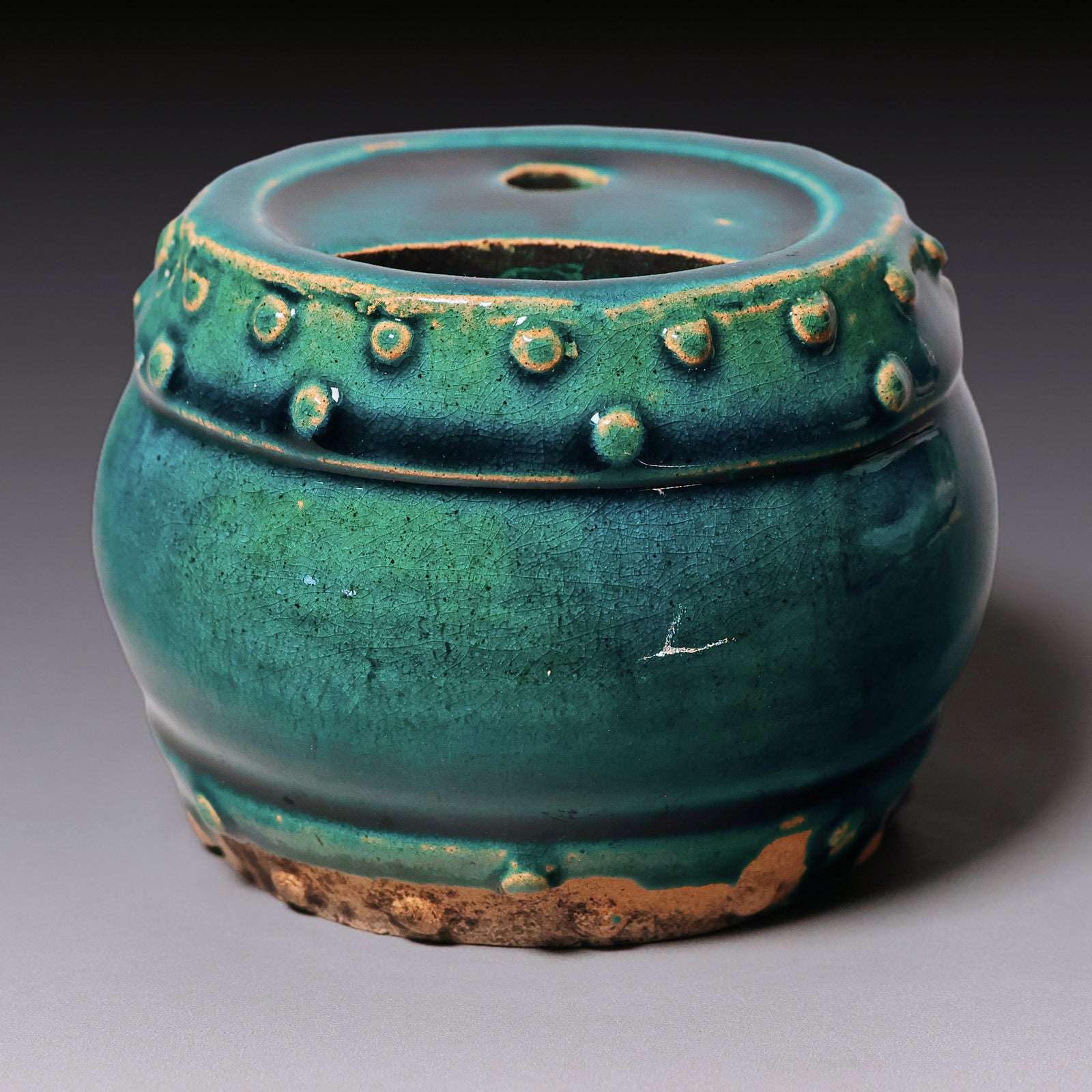 Qing Dynasty, Blue Glazes Drum Shaped Brush Washer (Calligraphy)
