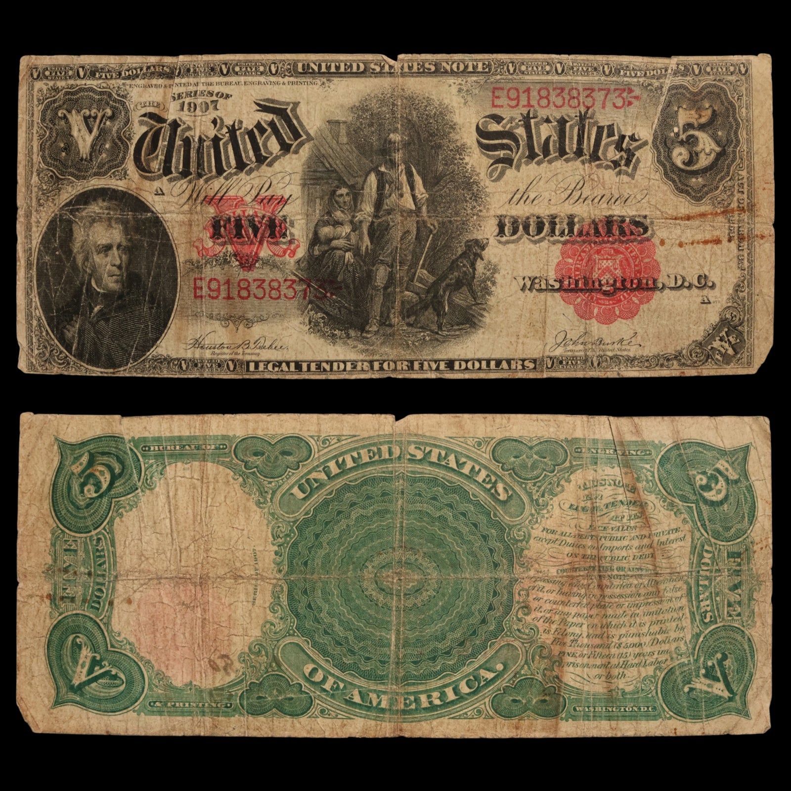 United States, Five Dollar "Woodchopper" Note, Andrew Jackson - 1907 - United States of America