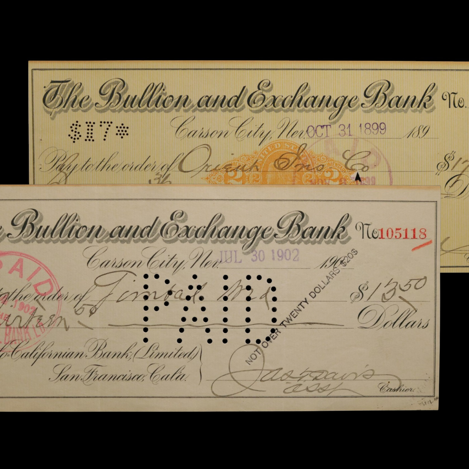 American Old West, Bullion & Exchange Bank Check, Carson City, Nevada - c. 1899 to 1903 CE - United States
