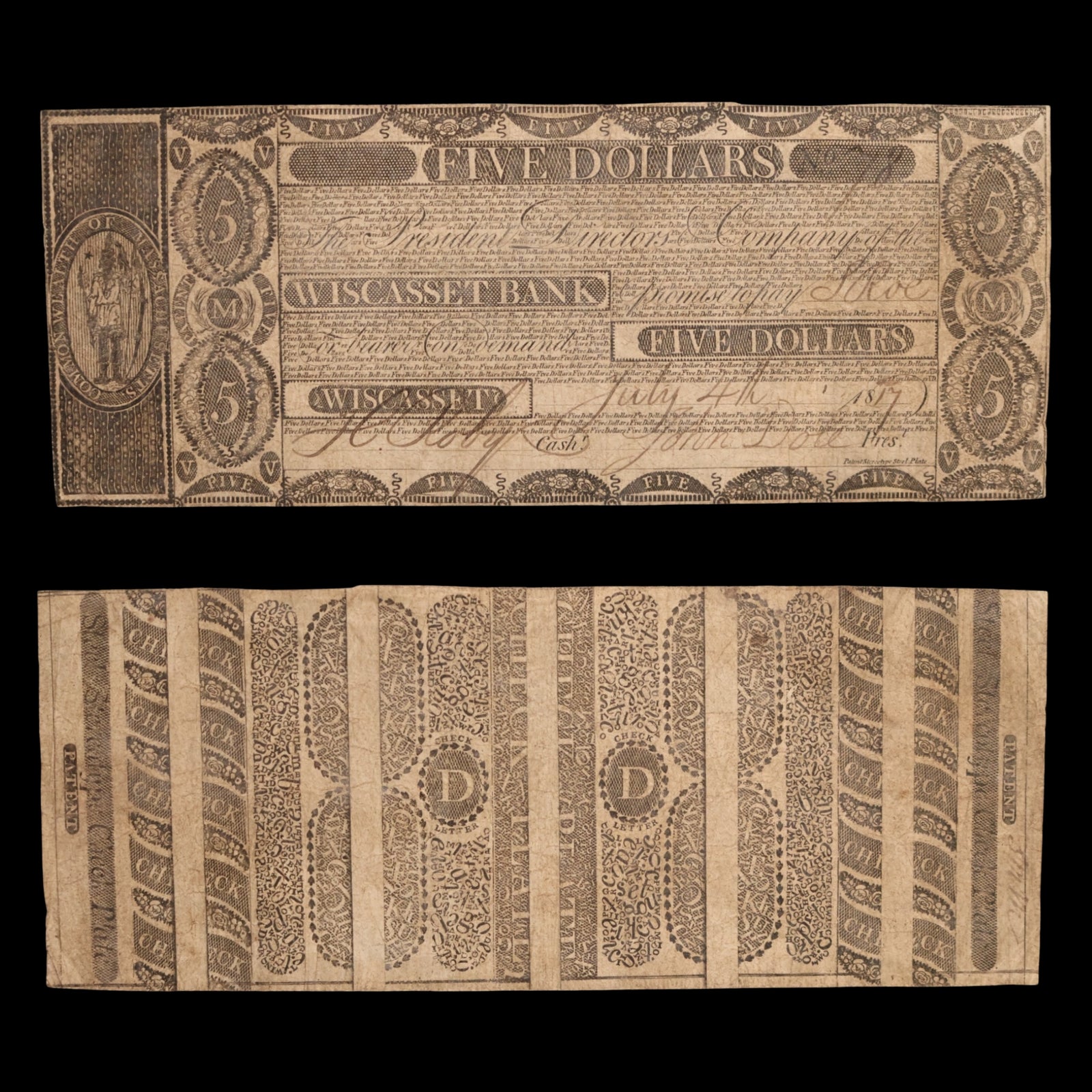 Wiscasset Bank, Massachusetts (Maine), Five Dollar Note - July 4th, 1817 - Wiscasset, Maine