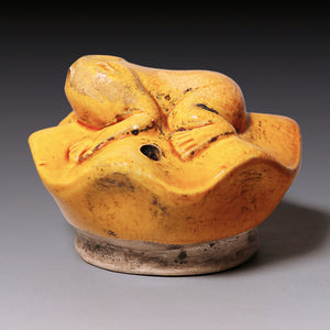 Qing Dynasty, Yellow Glazed Ceramic Water Dropper with Frog (Calligraphy Tool)