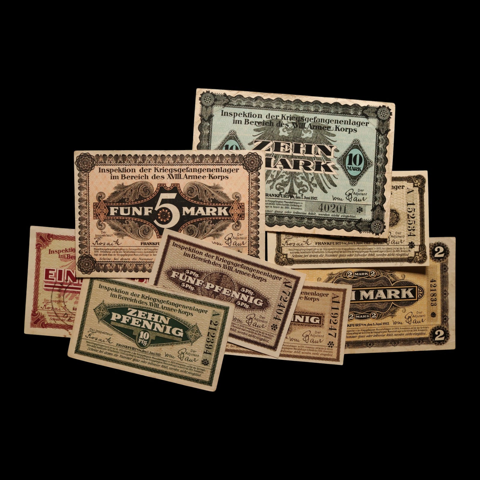 German Empire, Frankfurt am Main POW Camp, 1, 5, 10, 50 Pfennigs & 1 Mark (5 Notes)