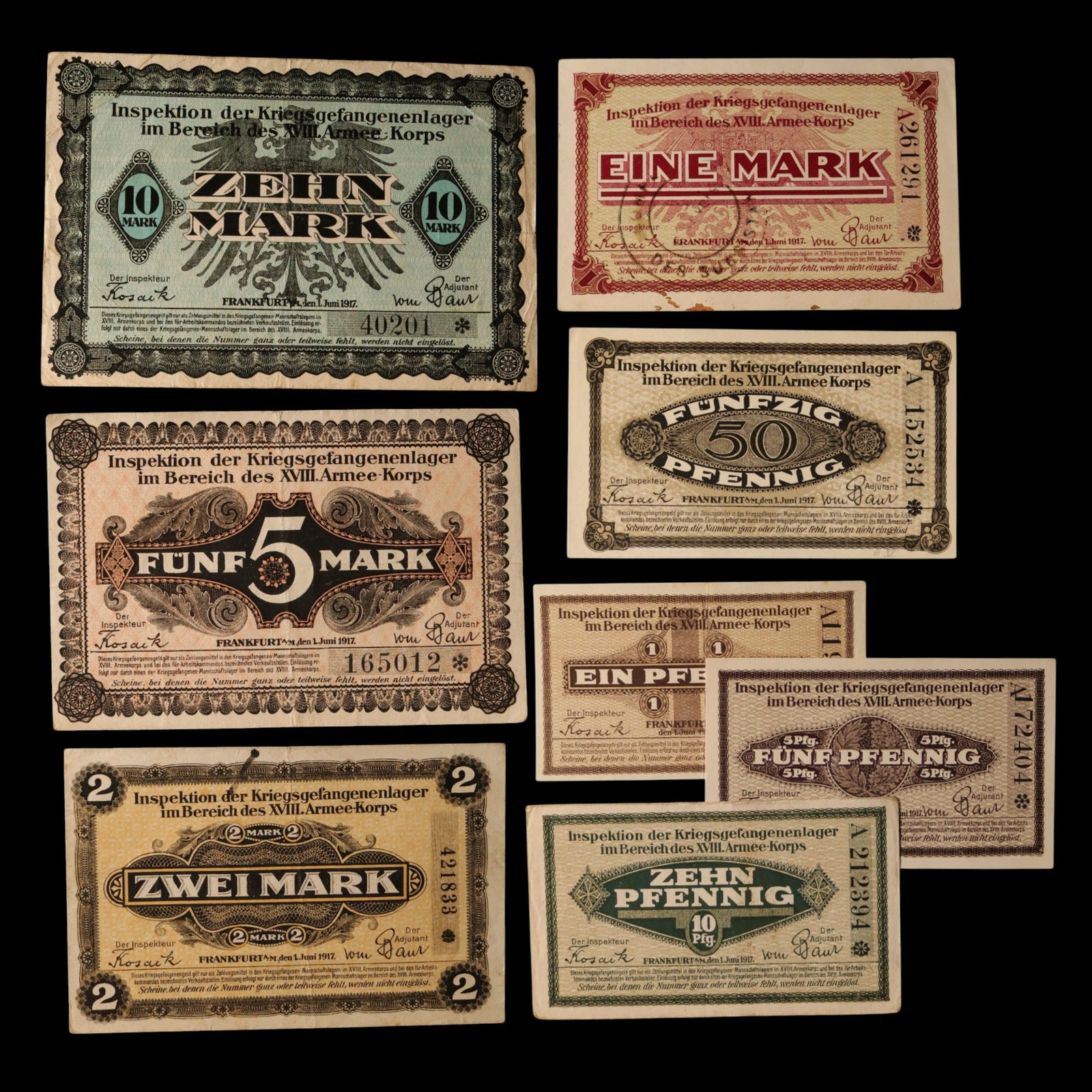 German Empire, Frankfurt am Main POW Camp, 1, 5, 10, 50 Pfennigs & 1 Mark (5 Notes)