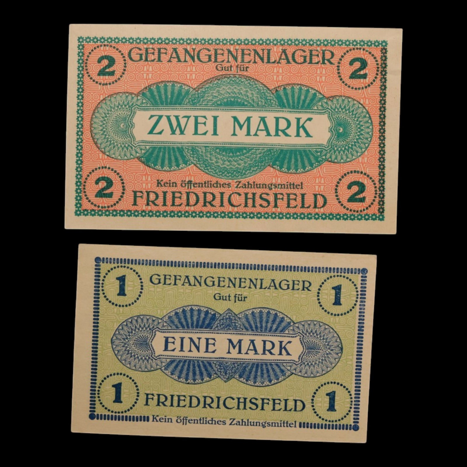 German Empire, Friedrichsfeld am Niederrhein POW Camp, 1 and 2 Marks (2 Notes)