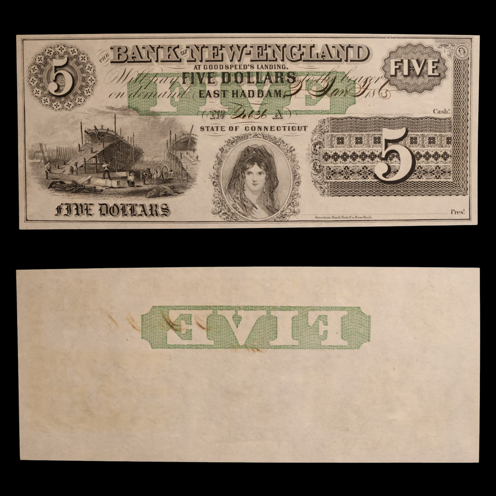 Bank of New-England At Goodspeed's Landing, Five Dollar Note (Partially Issued) - 1853 to 1865 - Connecticut, USA