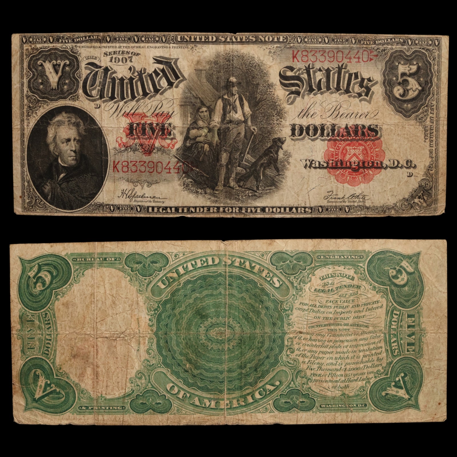 United States, Five Dollar "Woodchopper" Note, Andrew Jackson - 1907 - United States of America