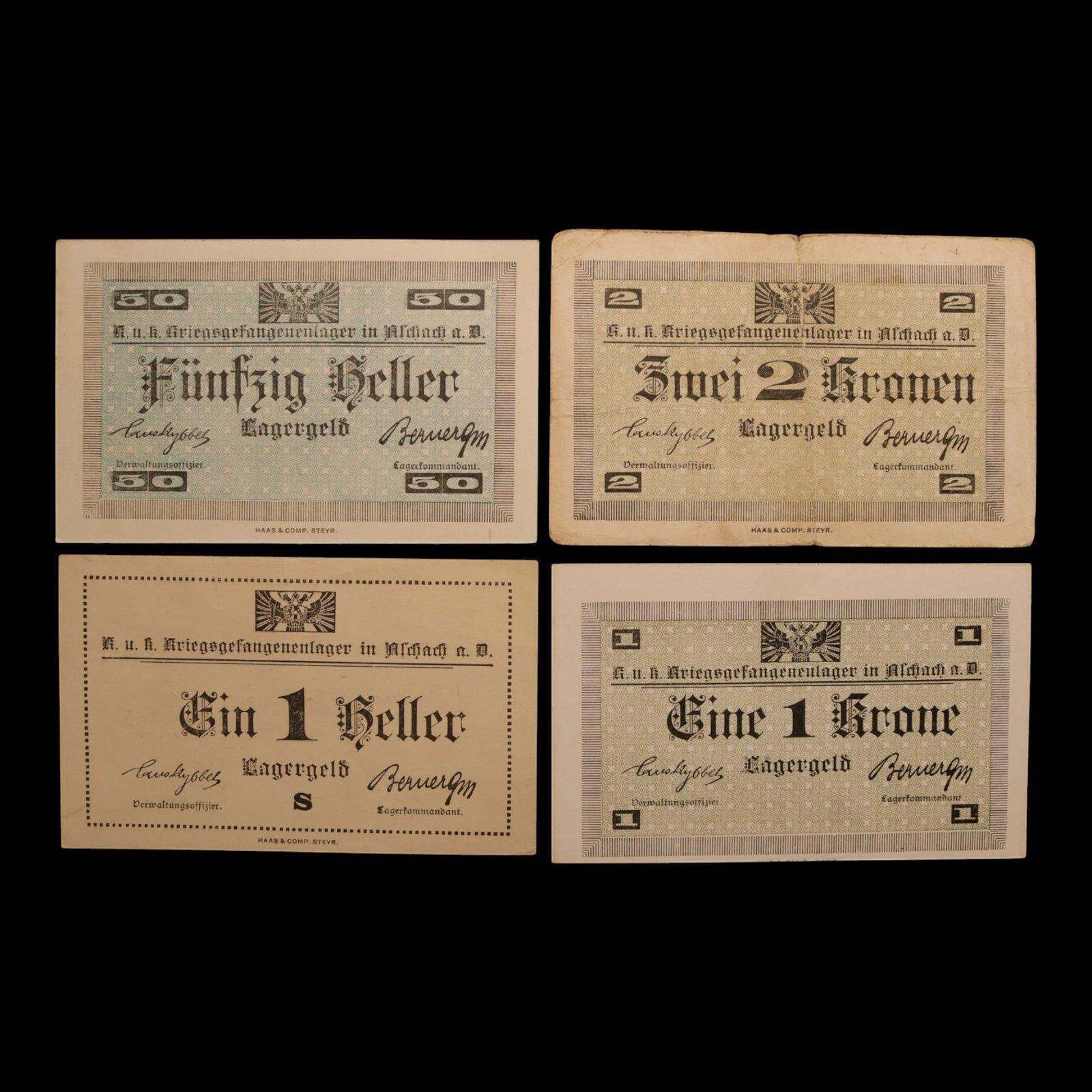 Austro-Hungarian Empire, Aschach POW Camp, 1, 2 Krone & 1, 50 Hellers (4 Notes)
