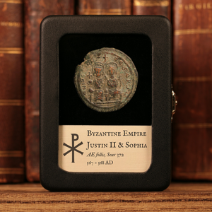 Byzantine Empire, Emperor Justin II (with Sophia), AE Follis - 567 to 568 CE - Byzantine Empire