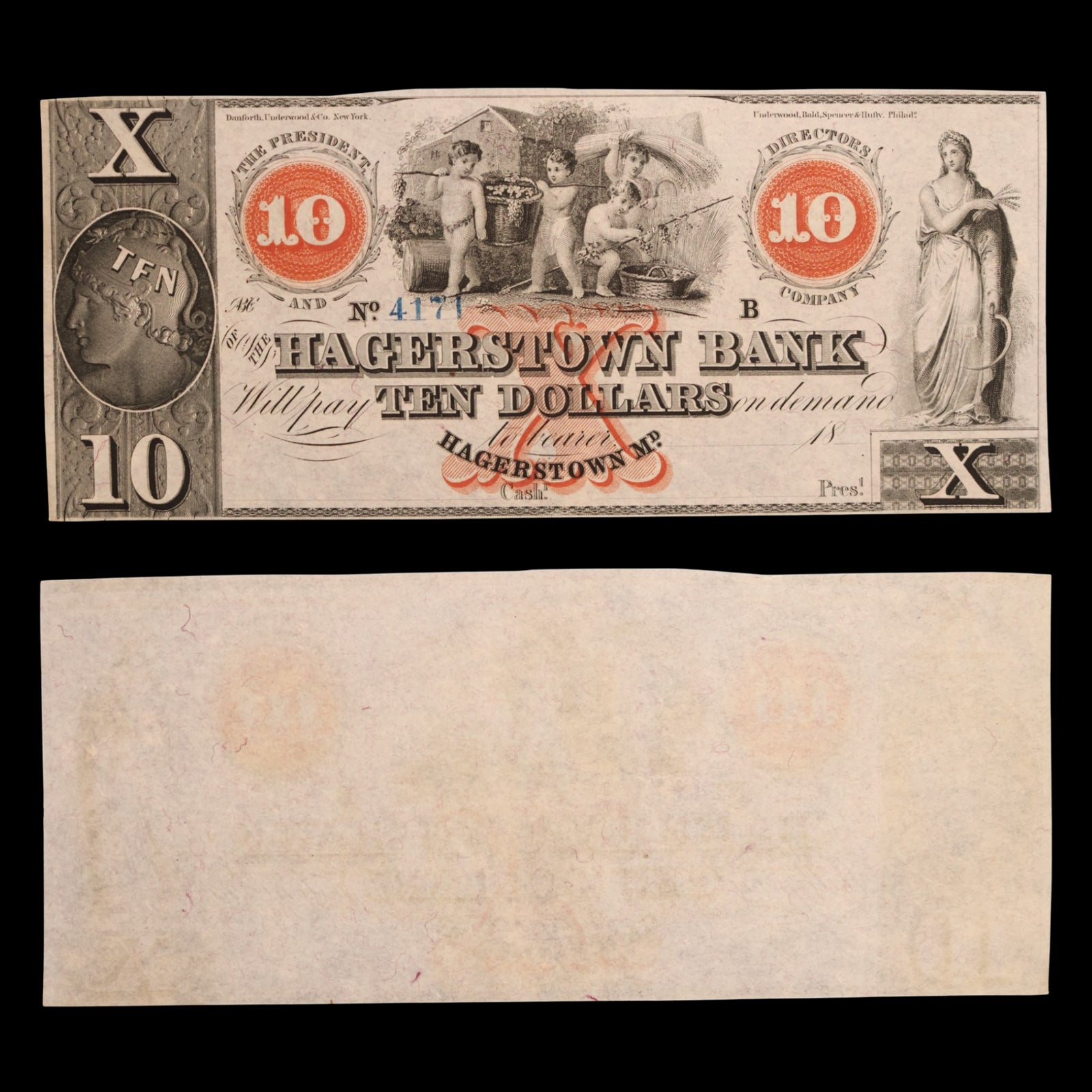Hagerstown Bank, Ten Dollar Note (Unsigned) - c. 1850 to 1870 - Hagerstown, Maryland, USA