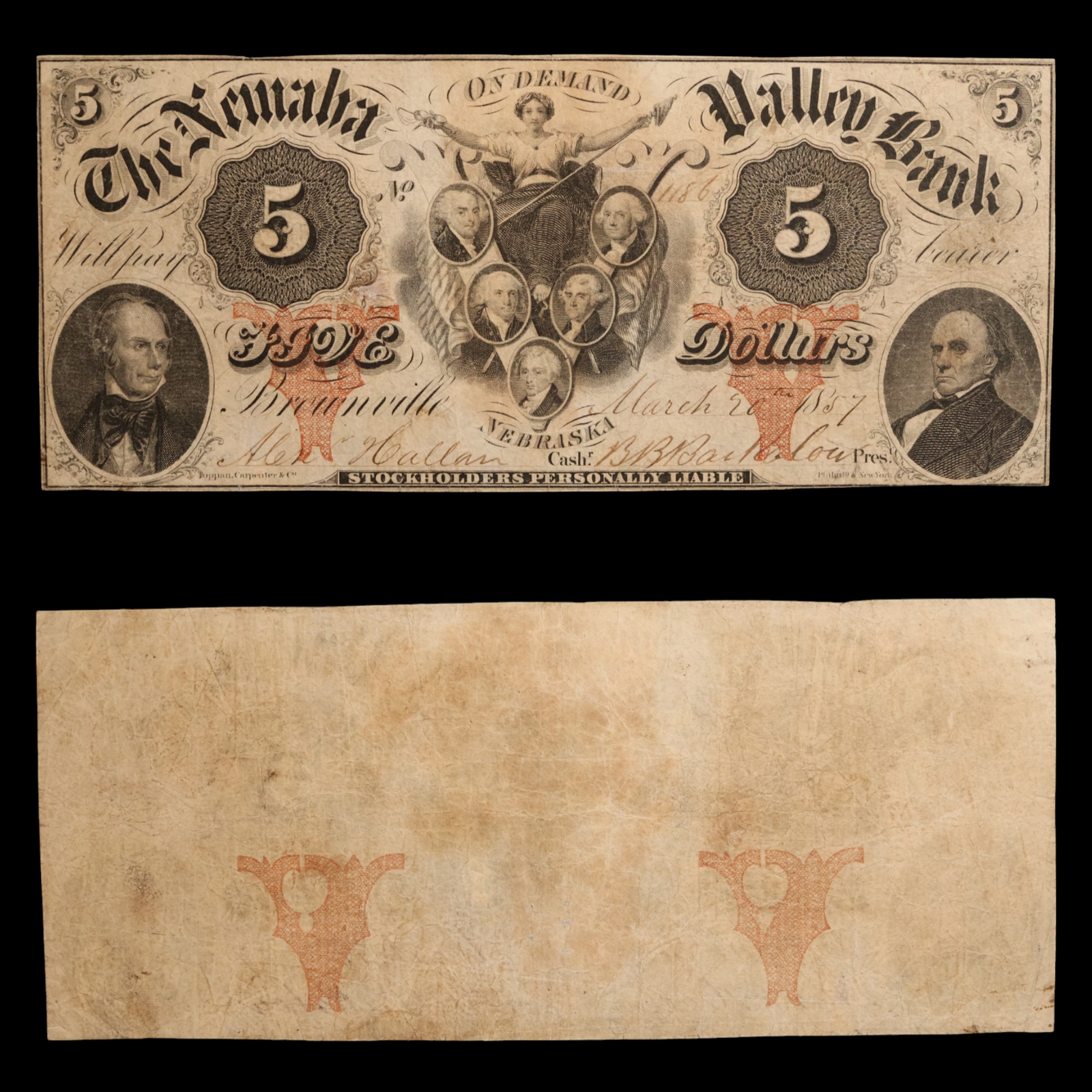 Nebraska, Nemaha Valley Bank, Five Dollar Note - March 20th, 1857 - Brownville, Nebraska, USA