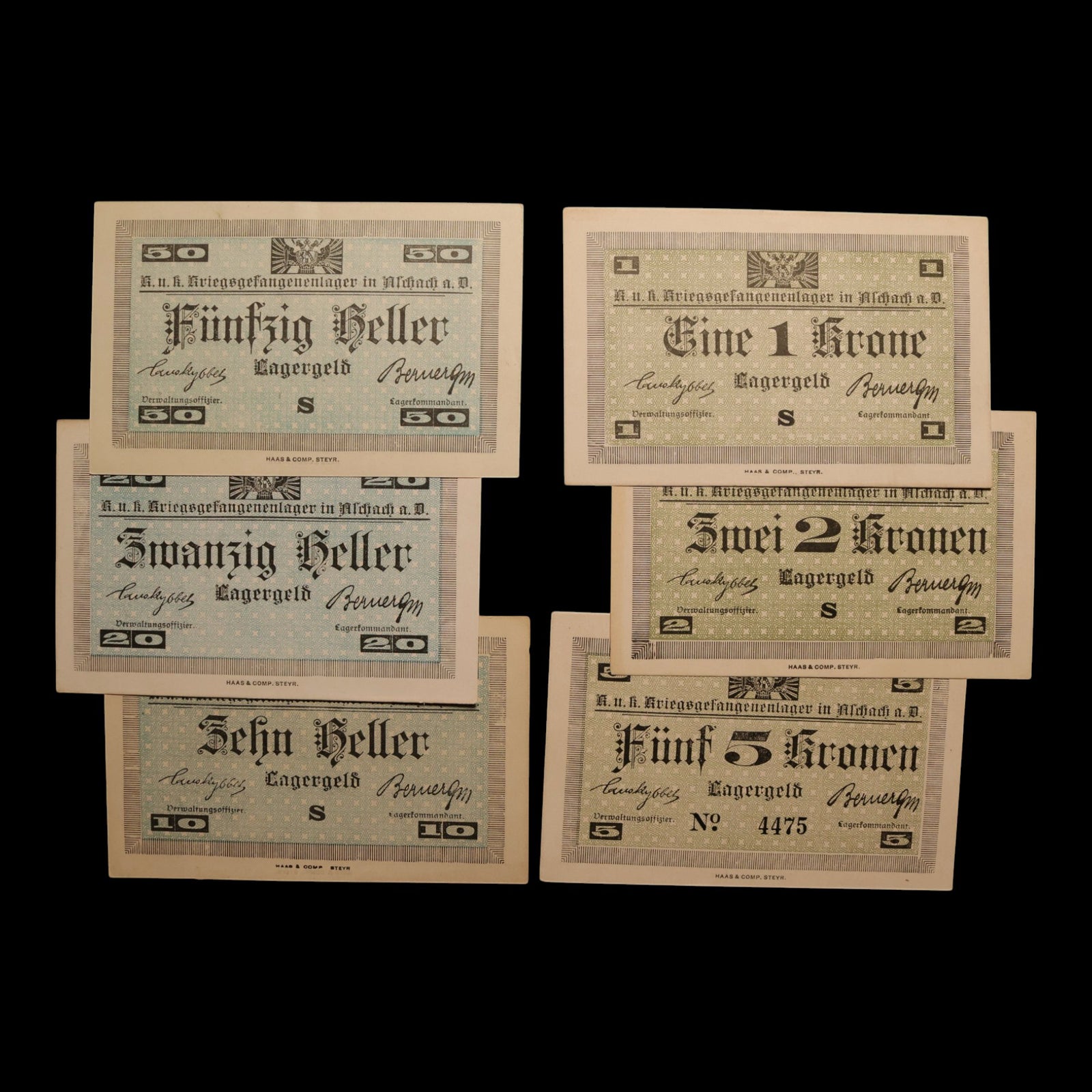 Austro-Hungarian Empire, Aschach POW Camp, 1, 2, 5 Krone & 10, 20, 50 Hellers (6 Notes)
