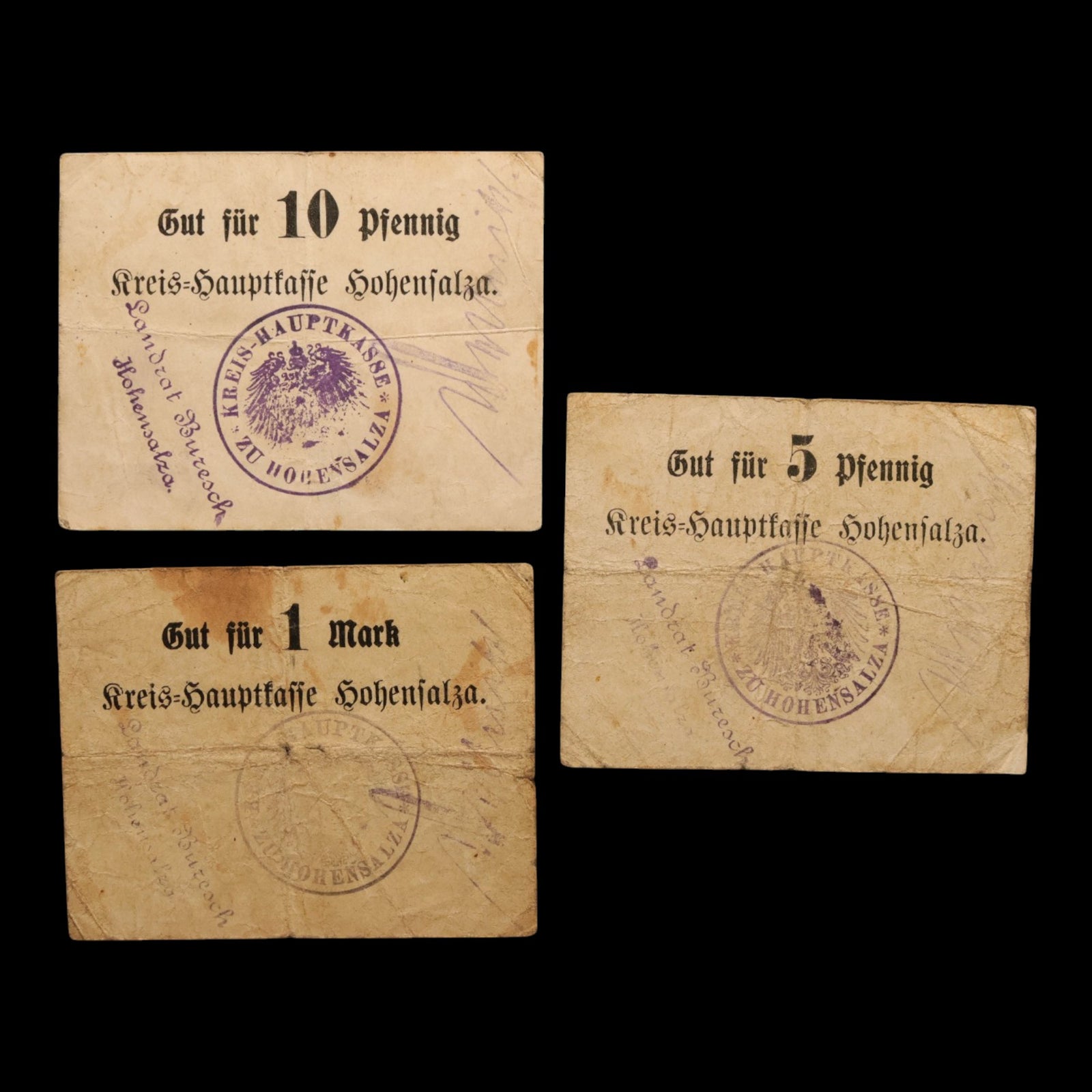 German Empire, Frankfurt am Main POW Camp, 1, 5, 10, 50 Pfennigs & 1, 2, 5, 10 Marks (8 Notes)