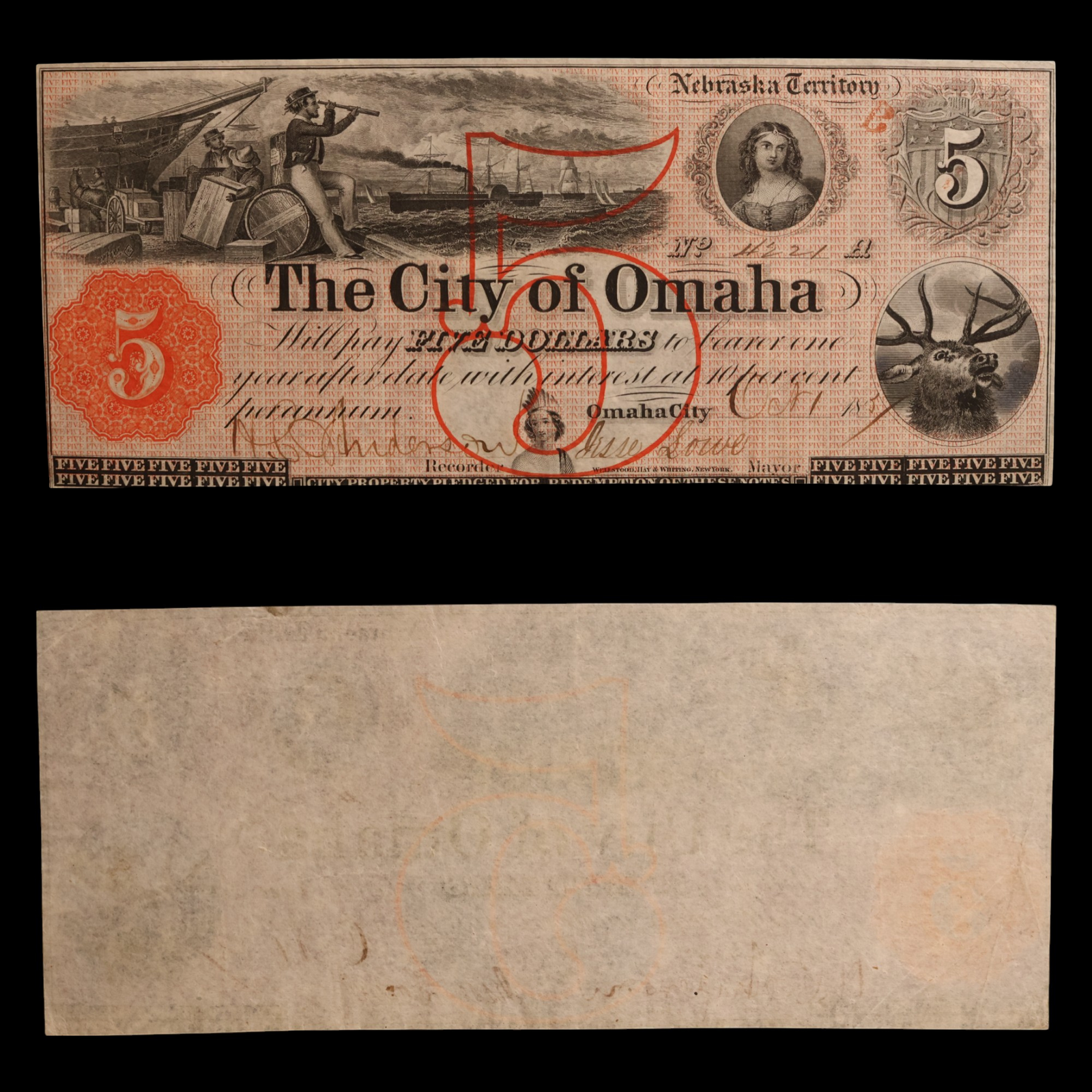 City of Omaha, Five Dollar Note - October 1, 1857 - Omaha, Nebraska, USA