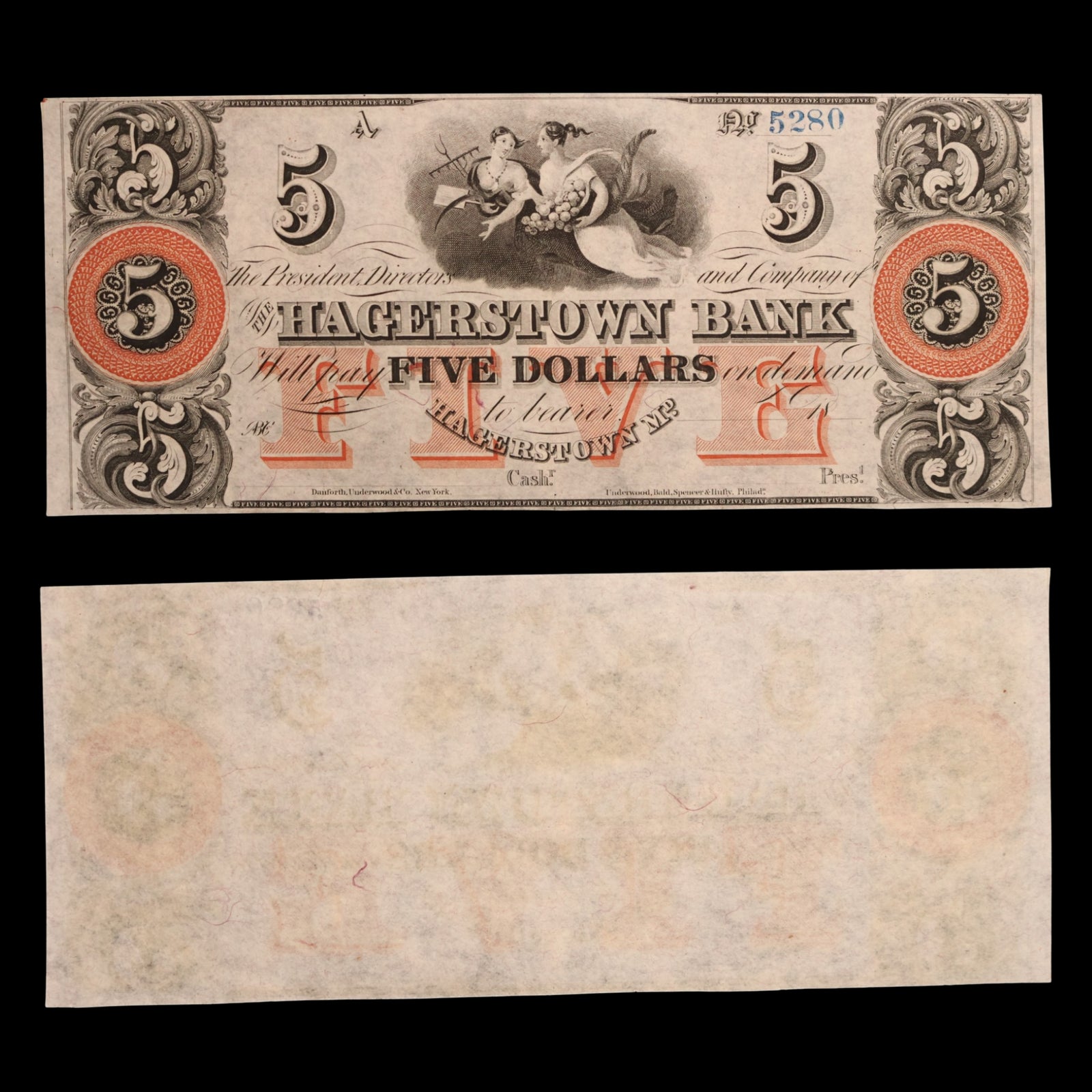 Hagerstown Bank, Five Dollar Note (Unsigned) - c. 1850 to 1870 - Hagerstown, Maryland, USA