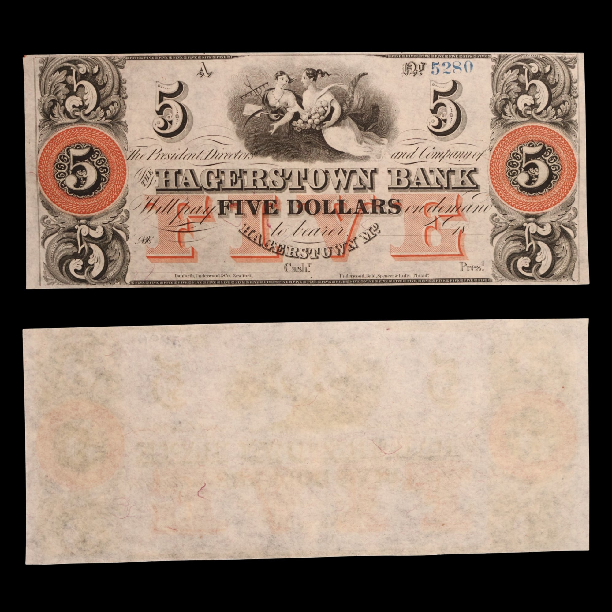 Hagerstown Bank, Five Dollar Note (Unsigned) - c. 1850 to 1870 - Hagerstown, Maryland, USA