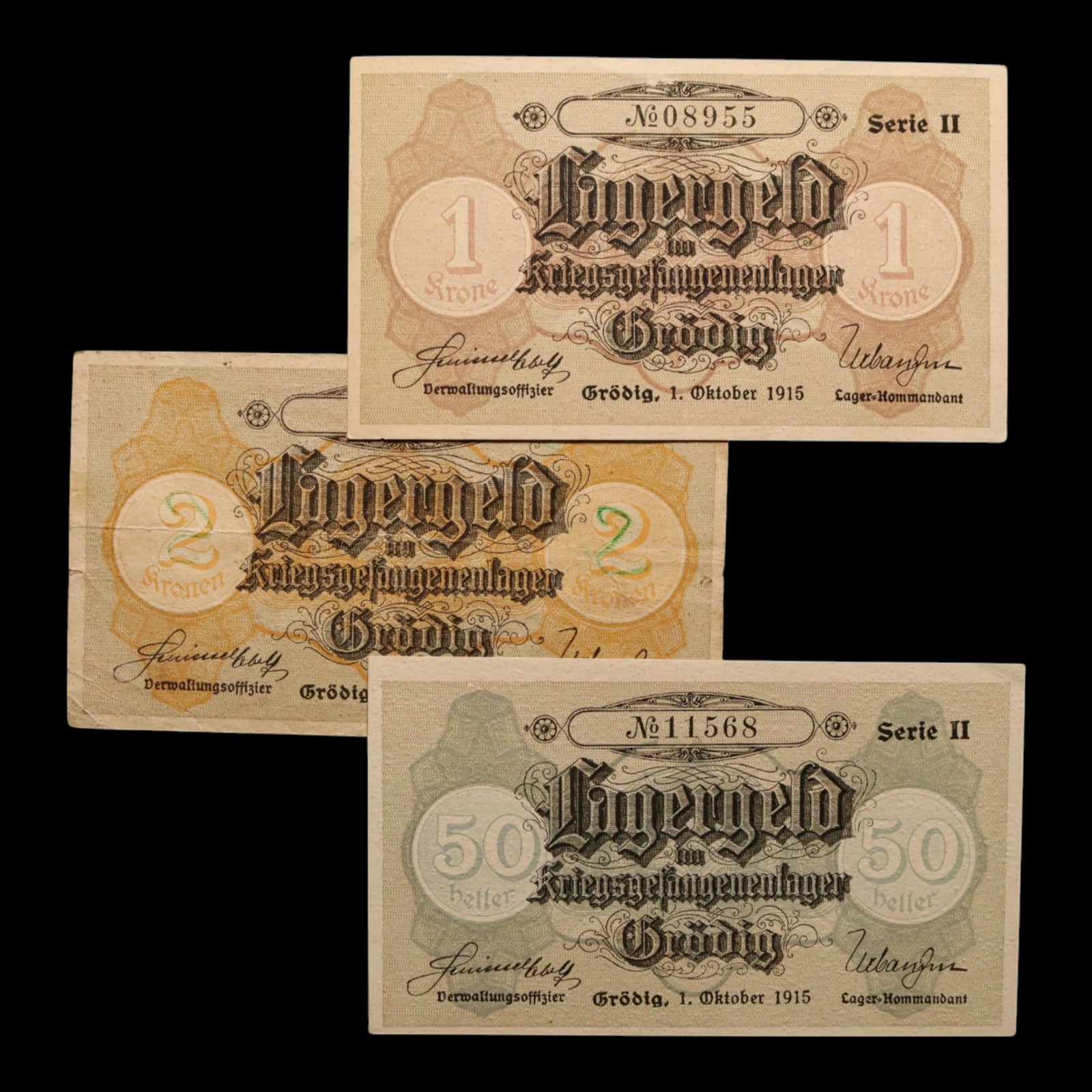 Austro-Hungarian Empire, Grödig POW Camp, 1, 2 Krone & 50 Hellers (3 Notes)