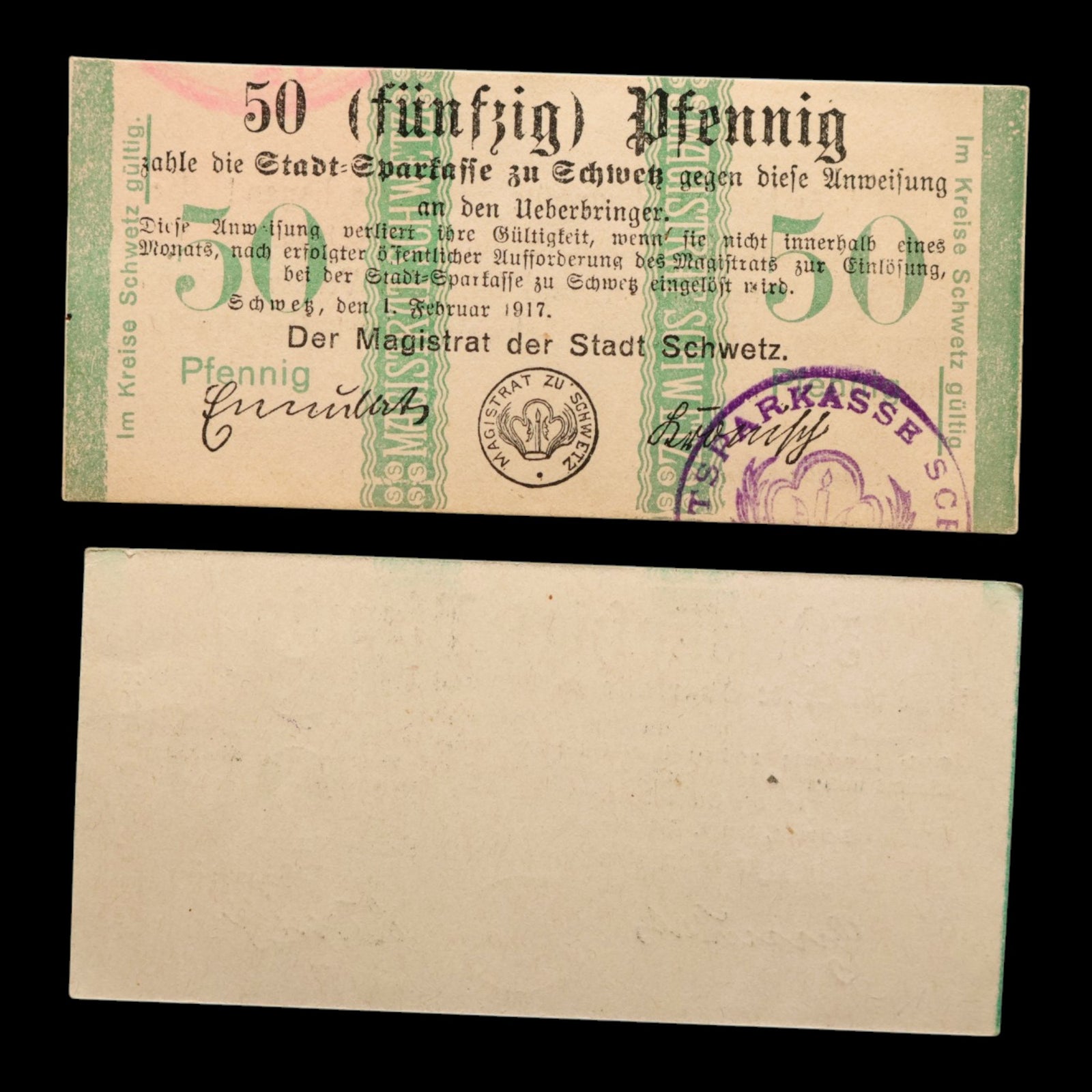 German Empire, City of Schwetz, 50 Pfennigs (2 Notgeld Notes)