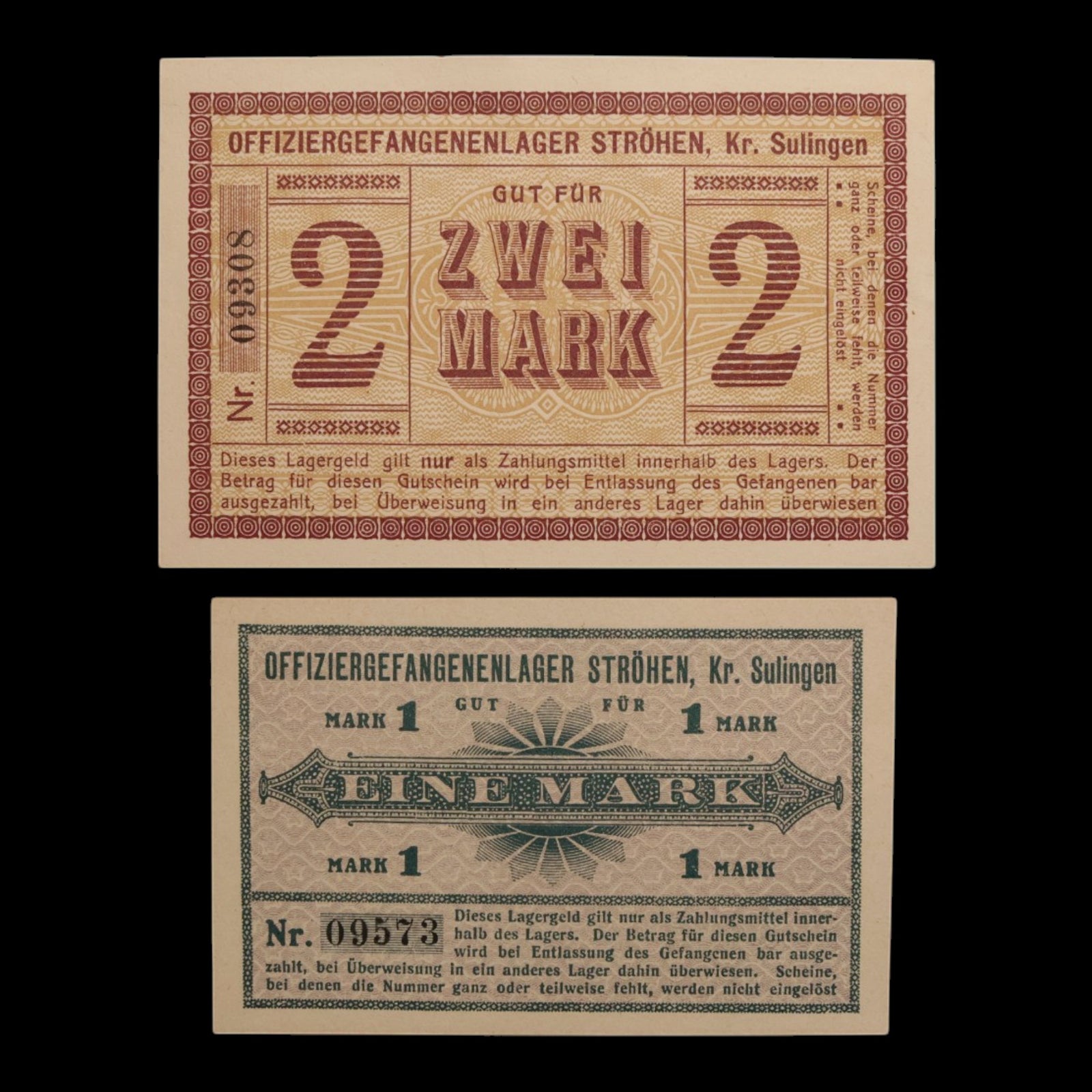 German Empire, Ströhen Officer POW Camp, 1 And 2 Marks (2 Notes)