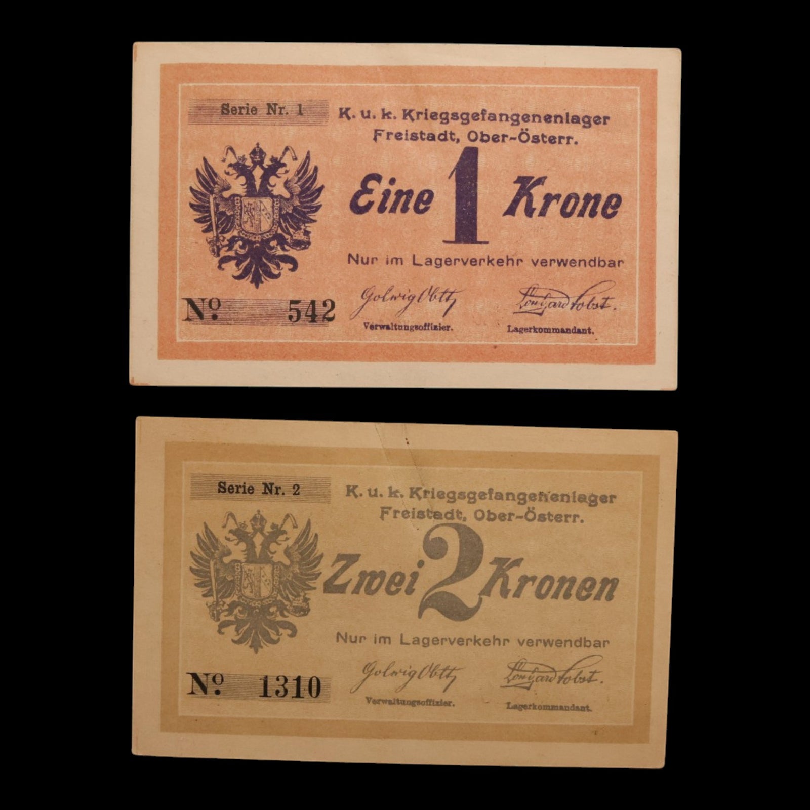 Austro-Hungarian Empire, Freistadt POW Camp, 1 and 2 Krone (2 Notes)