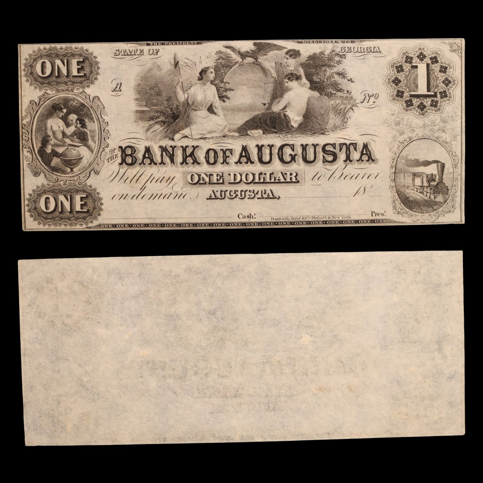 Bank of Augusta (Georgia), One Dollar Note (Unsigned) - c. 1830s to 1860s - Augusta, Georgia, USA