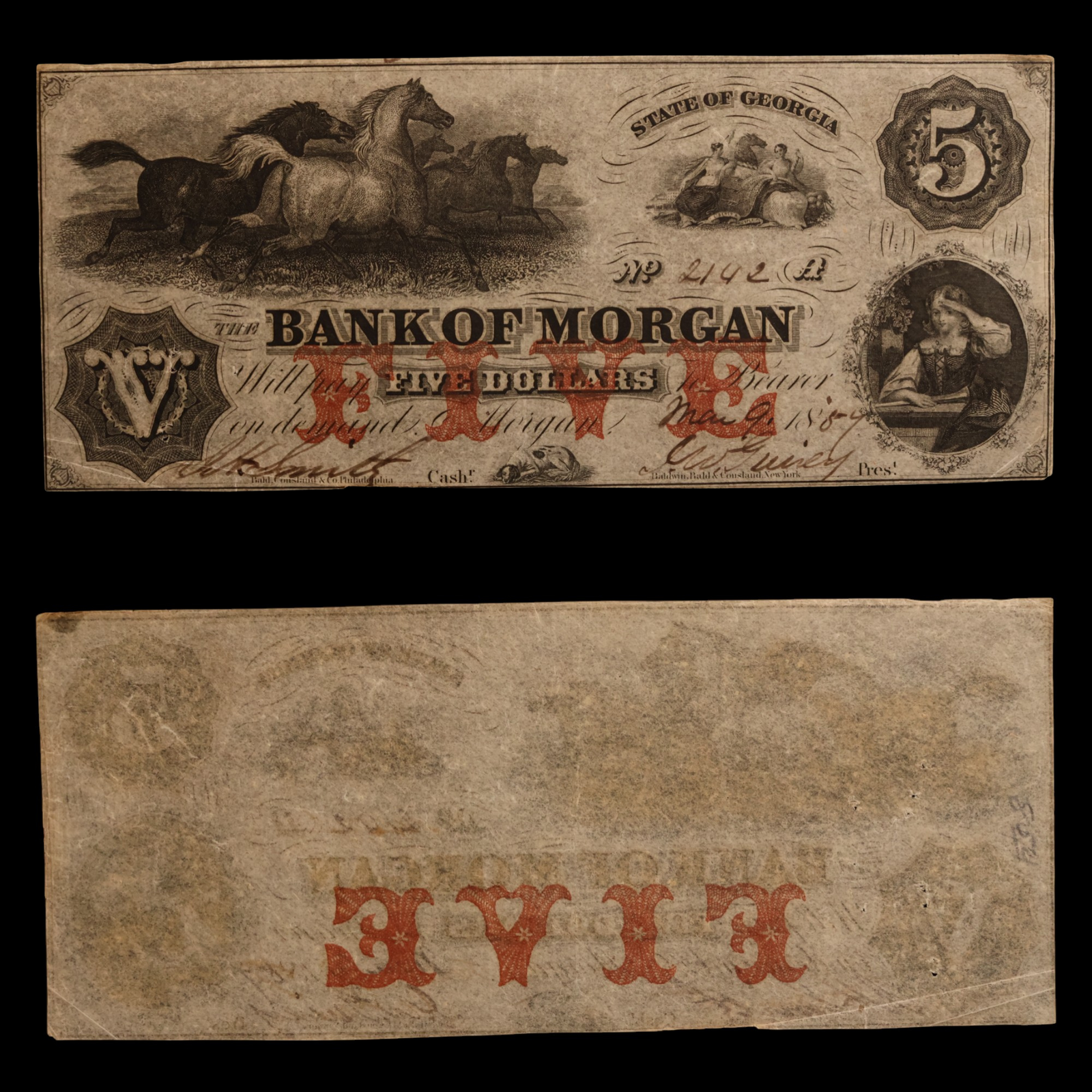Bank of Morgan, Five Dollar Note - 1857 - Morgan, Georgia, USA
