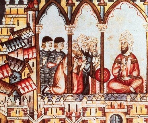 An illustration from a 13th century Spanish book of poems depicting the Almohad caliph Abu Hafs Umar al-Murtada.