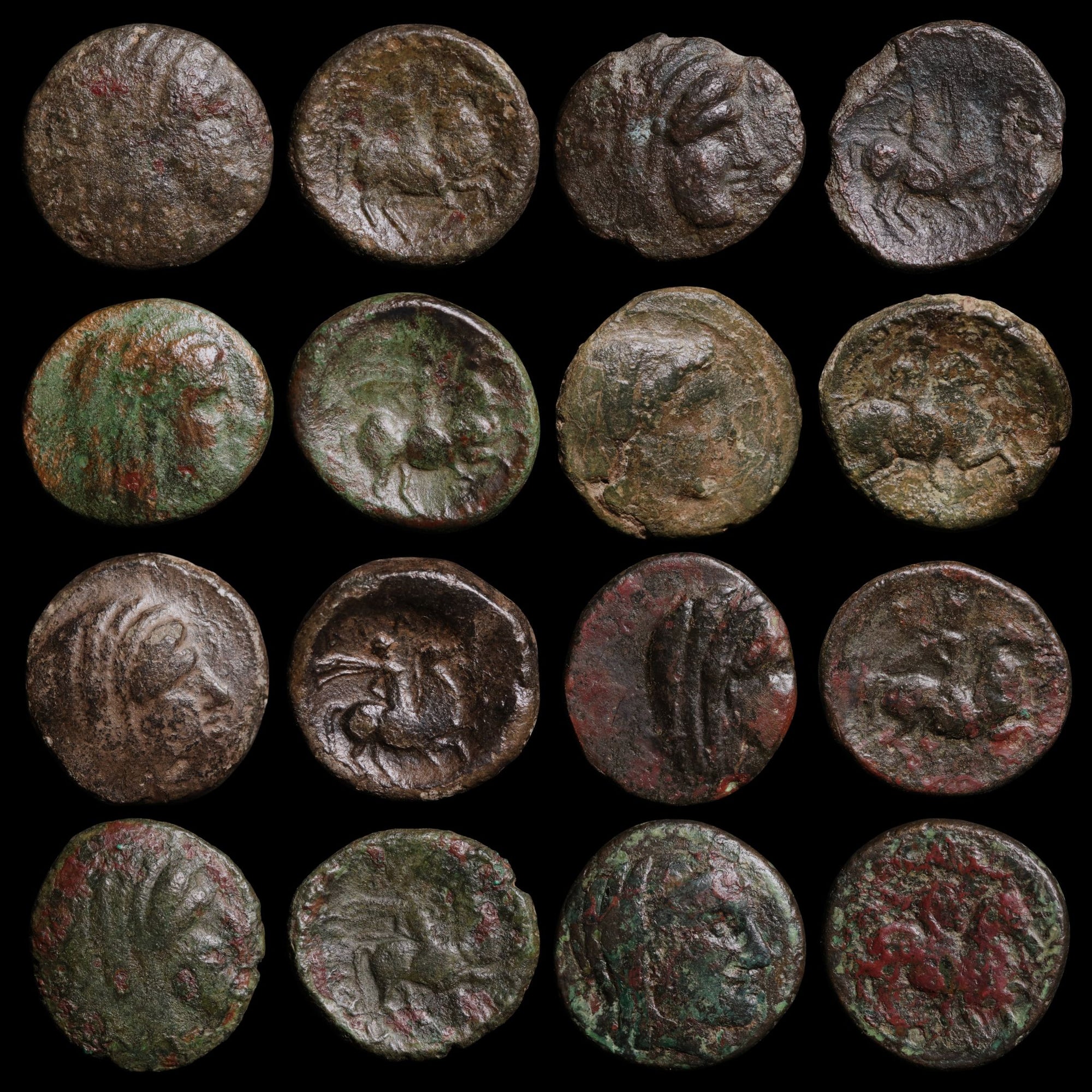 Collection of ancient bronze coins with varying degrees of wear on a black background