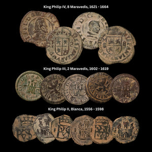 Spanish Age of Discovery Collection, Coins of Philip II, III, & IV - 1556 to 1664 CE