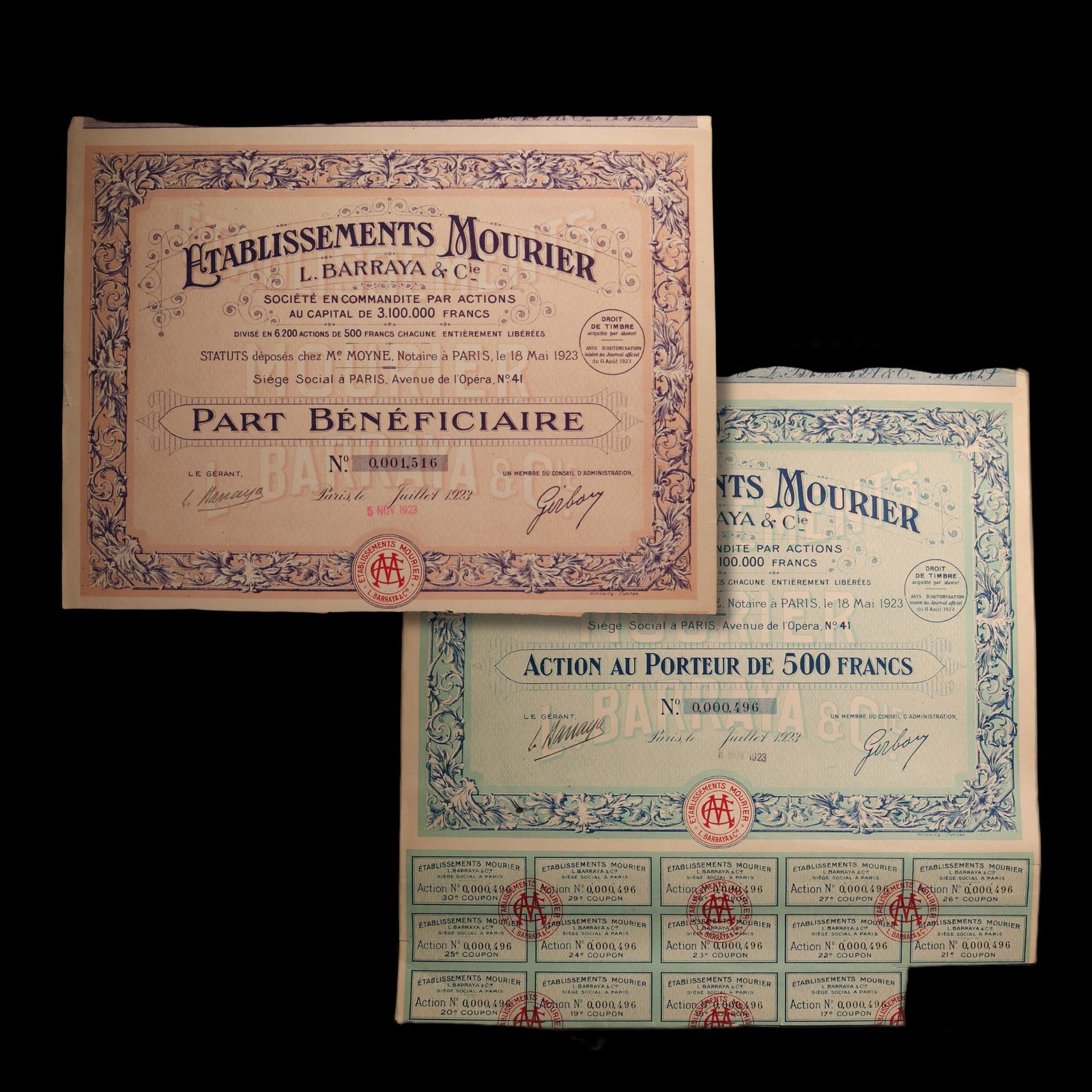 French Restaurant Company Stock Certificates (Établissements Mourier, L. Barraya & Cie) - 1923 CE - Paris, France