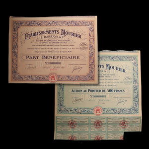 French Restaurant Company Stock Certificates (Établissements Mourier, L. Barraya & Cie) - 1923 CE - Paris, France