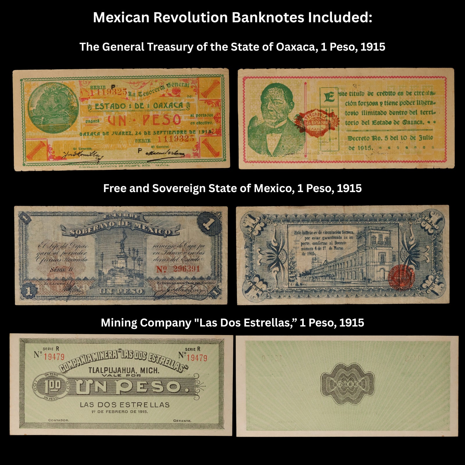 Mexican Revolution, Three Banknote Collection - 1914 to 1915 - Mexico
