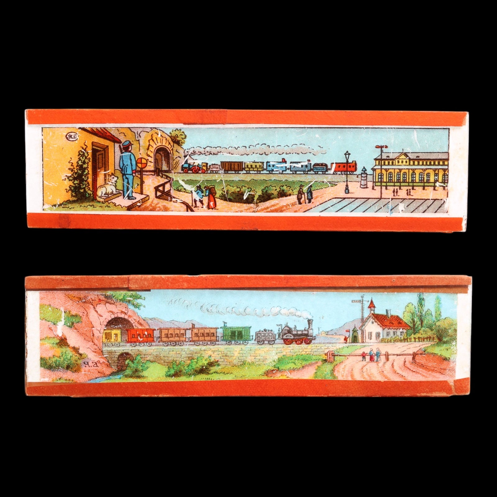 Group of 2 High Quality Magic Lantern Slides, Train Scenes - Late 1800s