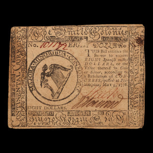 The United Colonies (Thirteen American Colonies), Continental Currency, $8 Note - May 9, 1776 - American Revolution