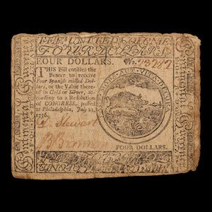 The United Colonies (Thirteen American Colonies), Continental Currency, $4 Note - July 22, 1776 - American Revolution