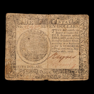 The United States (Thirteen American Colonies), Continental Currency, $7 Note - September 26, 1778 - American Revolution