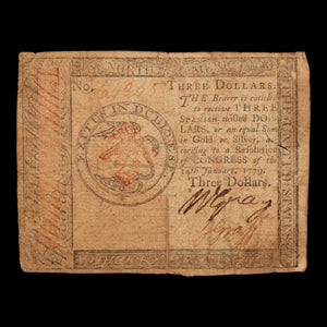 The United States (Thirteen American Colonies), Continental Currency, $3 Note - January 14, 1779 - American Revolution